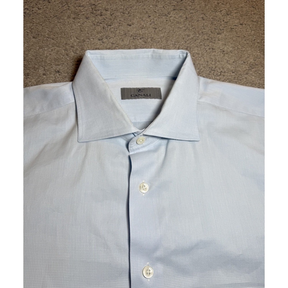 Canali L100212 Mens Blue Micro Grid Regular Fit‎ Dress Shirt Size 43/17 Italy